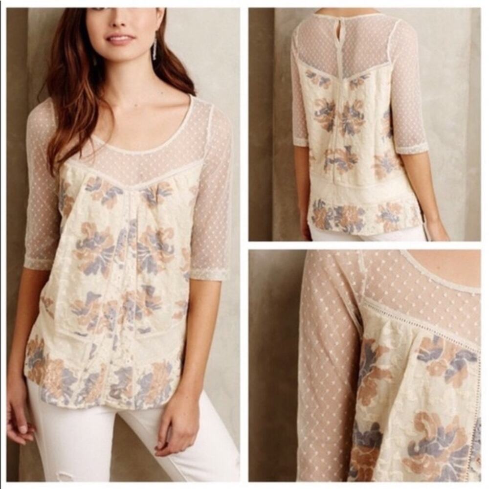 Anthropologie Meadow Rue Anna Floral Lace Mesh Boho Blouse Top Cream M Medium